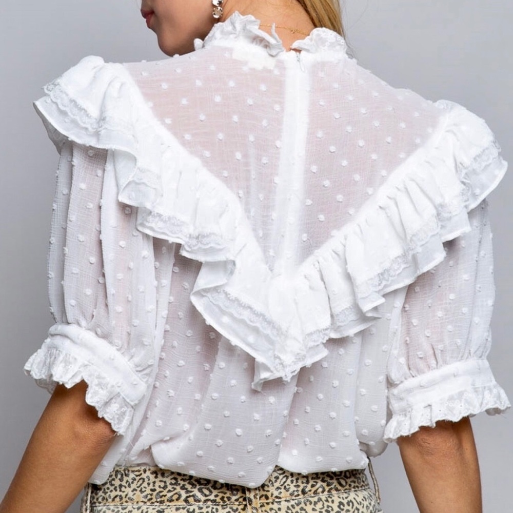 POL Swiss Dot Ruffle Mock Neck Blouse Half Sleeves Relaxed Fit - Picture 5 of 11